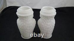 PAIR OF 2 WHITE MILK GLASS OWL PINT JARS SCREW TOPS EAGLE GLASS WORKS 1890's