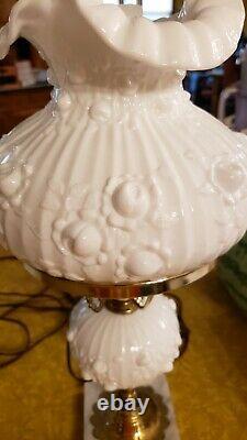 PAIR OF VNTG Fenton Milkglass Cabbage Rose Student Lamp LAMP LAMPS Marble Base