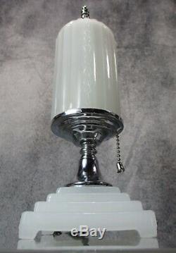 PAIR VTG 1930's Skyscraper Art Deco Milk Glass Cylinder Lamps RESTORED