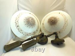 PAIR VTG WHITE MILK GLASS CEILING LIGHT SHADES BRASS FIXTURES 3 HOLE With CHAINS