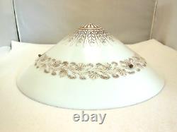 PAIR VTG WHITE MILK GLASS CEILING LIGHT SHADES BRASS FIXTURES 3 HOLE With CHAINS