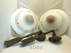 PAIR VTG WHITE MILK GLASS CEILING LIGHT SHADES BRASS FIXTURES 3 HOLE With CHAINS