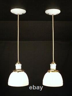 PAIR Vintage Antique White Milk Glass Shade Hanging Pendant Light Fixtures WIRED