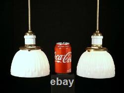 PAIR Vintage Antique White Milk Glass Shade Hanging Pendant Light Fixtures WIRED