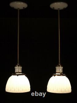 PAIR Vintage Antique White Milk Glass Shade Hanging Pendant Light Fixtures WIRED