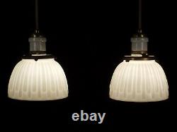 PAIR Vintage Antique White Milk Glass Shade Hanging Pendant Light Fixtures WIRED