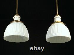 PAIR Vintage Antique White Milk Glass Shade Hanging Pendant Light Fixtures WIRED