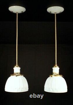 PAIR Vintage Antique White Milk Glass Shade Hanging Pendant Light Fixtures WIRED