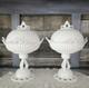 Pair Westmoreland Doric Ribbed Open Lace Milk Glass Pedestal Bowls Withlids Rare