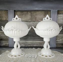 PAIR WESTMORELAND Doric Ribbed Open Lace Milk Glass Pedestal Bowls Withlids RARE