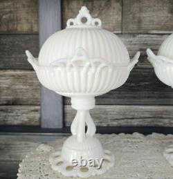 PAIR WESTMORELAND Doric Ribbed Open Lace Milk Glass Pedestal Bowls Withlids RARE