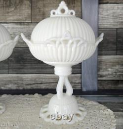 PAIR WESTMORELAND Doric Ribbed Open Lace Milk Glass Pedestal Bowls Withlids RARE