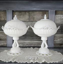 PAIR WESTMORELAND Doric Ribbed Open Lace Milk Glass Pedestal Bowls Withlids RARE