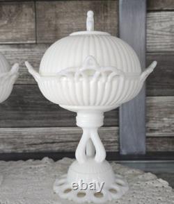 PAIR WESTMORELAND Doric Ribbed Open Lace Milk Glass Pedestal Bowls Withlids RARE