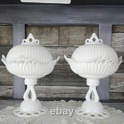 PAIR WESTMORELAND Doric Ribbed Open Lace Milk Glass Pedestal Bowls Withlids RARE