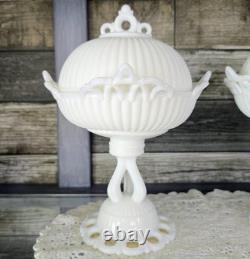 PAIR WESTMORELAND Doric Ribbed Open Lace Milk Glass Pedestal Bowls Withlids RARE