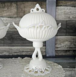 PAIR WESTMORELAND Doric Ribbed Open Lace Milk Glass Pedestal Bowls Withlids RARE