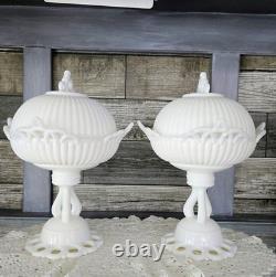 PAIR WESTMORELAND Doric Ribbed Open Lace Milk Glass Pedestal Bowls Withlids RARE