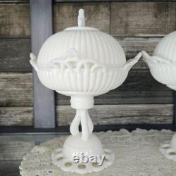 PAIR WESTMORELAND Doric Ribbed Open Lace Milk Glass Pedestal Bowls Withlids RARE