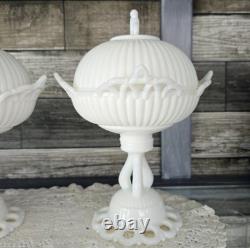 PAIR WESTMORELAND Doric Ribbed Open Lace Milk Glass Pedestal Bowls Withlids RARE