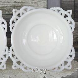 PAIR WESTMORELAND Doric Ribbed Open Lace Milk Glass Pedestal Bowls Withlids RARE