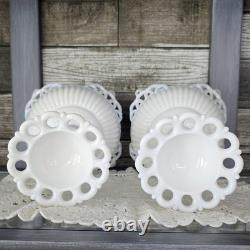 PAIR WESTMORELAND Doric Ribbed Open Lace Milk Glass Pedestal Bowls Withlids RARE