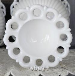 PAIR WESTMORELAND Doric Ribbed Open Lace Milk Glass Pedestal Bowls Withlids RARE