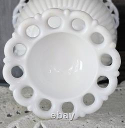 PAIR WESTMORELAND Doric Ribbed Open Lace Milk Glass Pedestal Bowls Withlids RARE