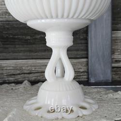 PAIR WESTMORELAND Doric Ribbed Open Lace Milk Glass Pedestal Bowls Withlids RARE