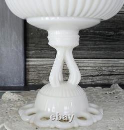 PAIR WESTMORELAND Doric Ribbed Open Lace Milk Glass Pedestal Bowls Withlids RARE