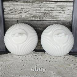 PAIR WESTMORELAND Doric Ribbed Open Lace Milk Glass Pedestal Bowls Withlids RARE