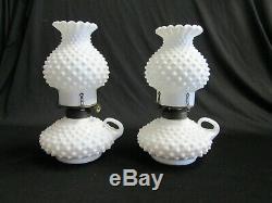 PAIR of 2 Fenton Milk Glass 9 tall Hobnail Oil Lamps Banner Burner