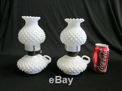 PAIR of 2 Fenton Milk Glass 9 tall Hobnail Oil Lamps Banner Burner