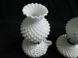 PAIR of 2 Fenton Milk Glass 9 tall Hobnail Oil Lamps Banner Burner