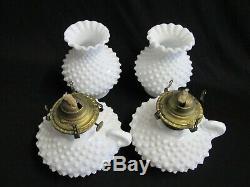 PAIR of 2 Fenton Milk Glass 9 tall Hobnail Oil Lamps Banner Burner