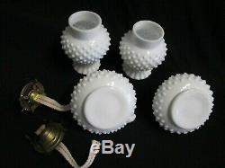 PAIR of 2 Fenton Milk Glass 9 tall Hobnail Oil Lamps Banner Burner