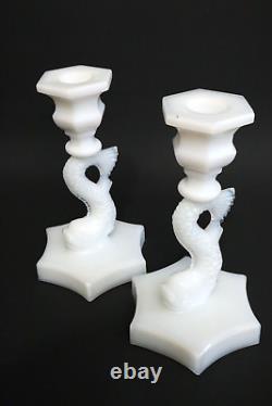 PAIR of Dolphin Koi Fish Candle Stick Holders 6.75 Pairpoint White Milk Glass