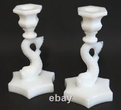 PAIR of Dolphin Koi Fish Candle Stick Holders 6.75 Pairpoint White Milk Glass