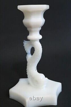 PAIR of Dolphin Koi Fish Candle Stick Holders 6.75 Pairpoint White Milk Glass