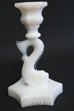 PAIR of Dolphin Koi Fish Candle Stick Holders 6.75 Pairpoint White Milk Glass