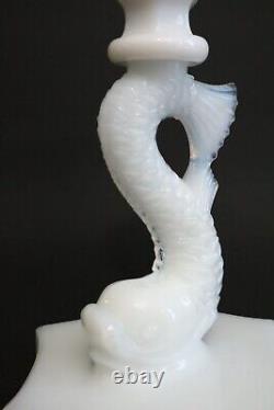 PAIR of Dolphin Koi Fish Candle Stick Holders 6.75 Pairpoint White Milk Glass