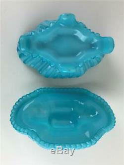 PORTIEUX VALLERYSTHAL Blue Opaline Milk Glass Squirrel Covered Dish Trinket Box