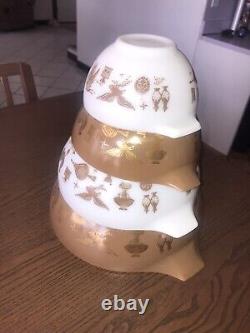 PYREX 4 Brown, White, Gold EARLY AMERICAN Cinderella Mixing Bowl Set 4