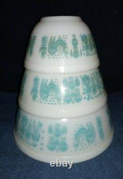 PYREX AMISH BUTTERPRINT 3 BOWLS TURQUOISE on WHITE MIXING BOWL # 401 402 403