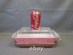 PYREX Pink White SCROLL Vintage SPACE SAVER Lidded Covered Holder CRADLE 575-B