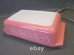 PYREX Pink White SCROLL Vintage SPACE SAVER Lidded Covered Holder CRADLE 575-B