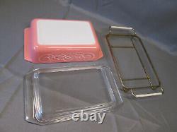 PYREX Pink White SCROLL Vintage SPACE SAVER Lidded Covered Holder CRADLE 575-B