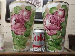 Pair 12 Hand Painted Floral Milk Glass Vase Vases Deluxe Inc USA Signed Almo
