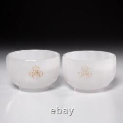 Pair (2) Antique French White Opaline Milk Glass Faceted Bowls with Gilt Monograms