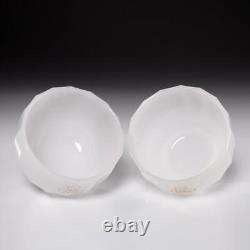 Pair (2) Antique French White Opaline Milk Glass Faceted Bowls with Gilt Monograms